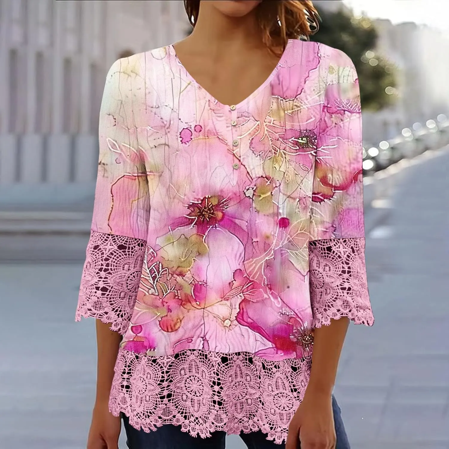 Womens 3/4 Sleeve Blouses Dressy Casual V-Neck Lace Crochet Tunics Shirts Loose Fit Button Ruffled Front Tops