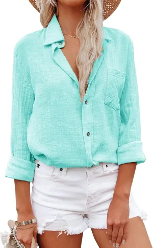 Womens Button Down Shirts Cotton Dress Shirt Long Sleeve Oversized Boyfriend Solid Tunic Tops with Pockets