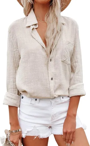 Womens Button Down Shirts Cotton Dress Shirt Long Sleeve Oversized Boyfriend Solid Tunic Tops with Pockets