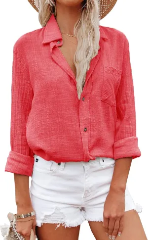 Womens Button Down Shirts Cotton Dress Shirt Long Sleeve Oversized Boyfriend Solid Tunic Tops with Pockets