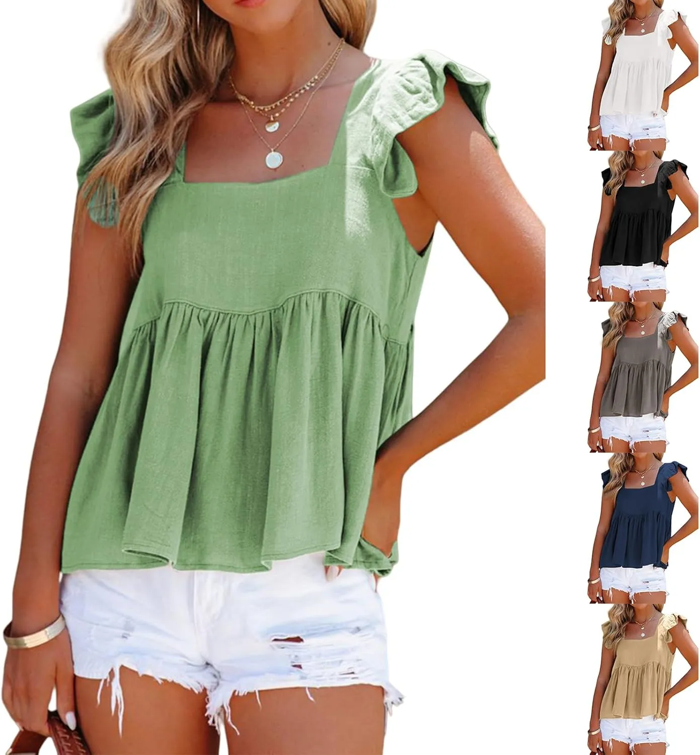 Women's Casual Summer Square Neck Tank Tops Ruffle Strap Sleeveless Peplum Blouse Chiffon Top Shirts