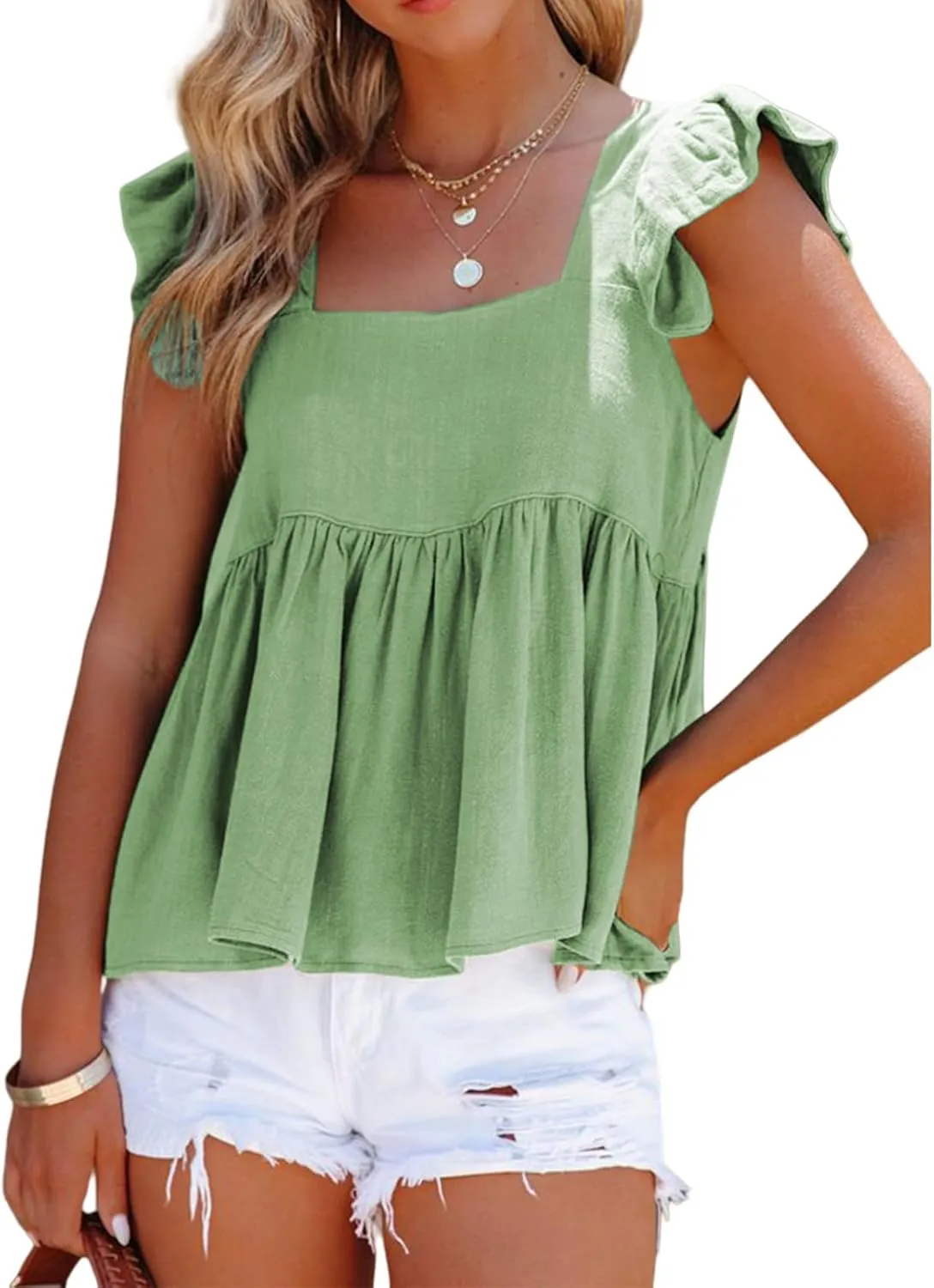 Women's Casual Summer Square Neck Tank Tops Ruffle Strap Sleeveless Peplum Blouse Chiffon Top Shirts