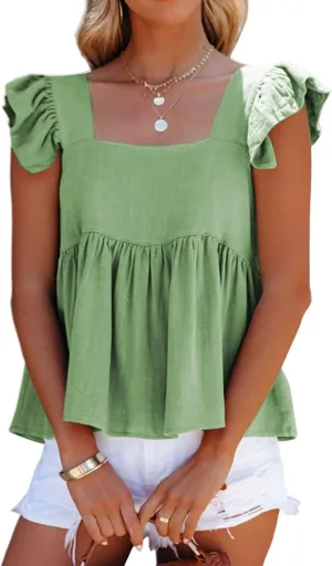 Women's Casual Summer Square Neck Tank Tops Ruffle Strap Sleeveless Peplum Blouse Chiffon Top Shirts