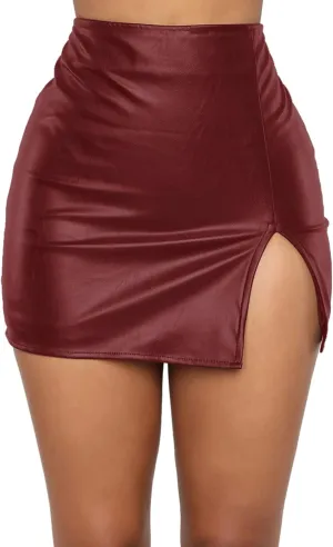 Womens High Waist Short Skirts Pu Leather Bodycon Mini Skirts Sexy Split Hem Mini Pencil Skirts for Club