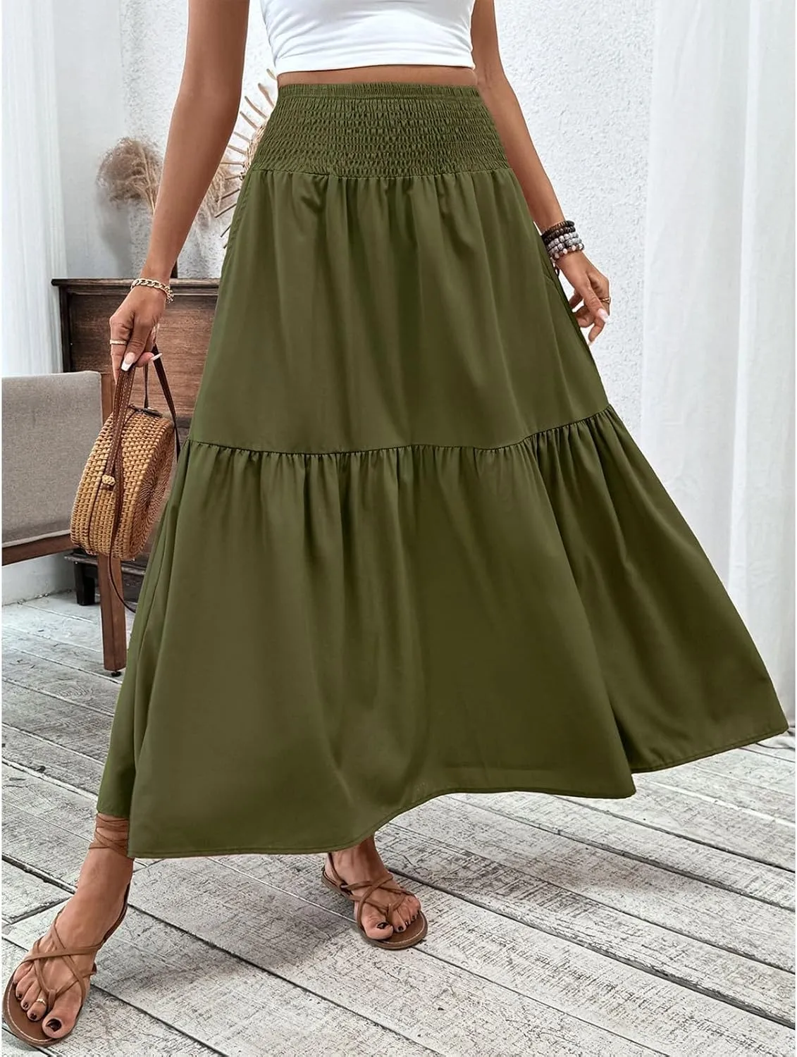 Women's Skirts Bohemian Long Skirts Flowy High Waist A Line Maxi Skirts Summer Pleated, S-XL