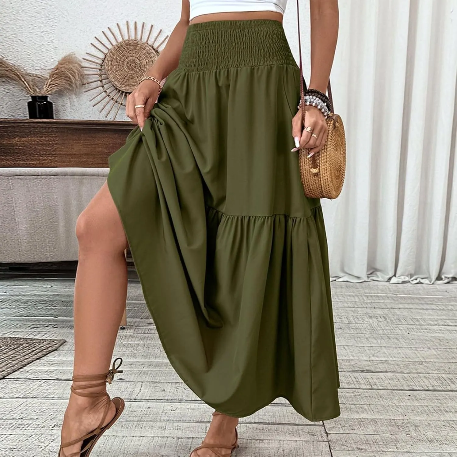 Women's Skirts Bohemian Long Skirts Flowy High Waist A Line Maxi Skirts Summer Pleated, S-XL