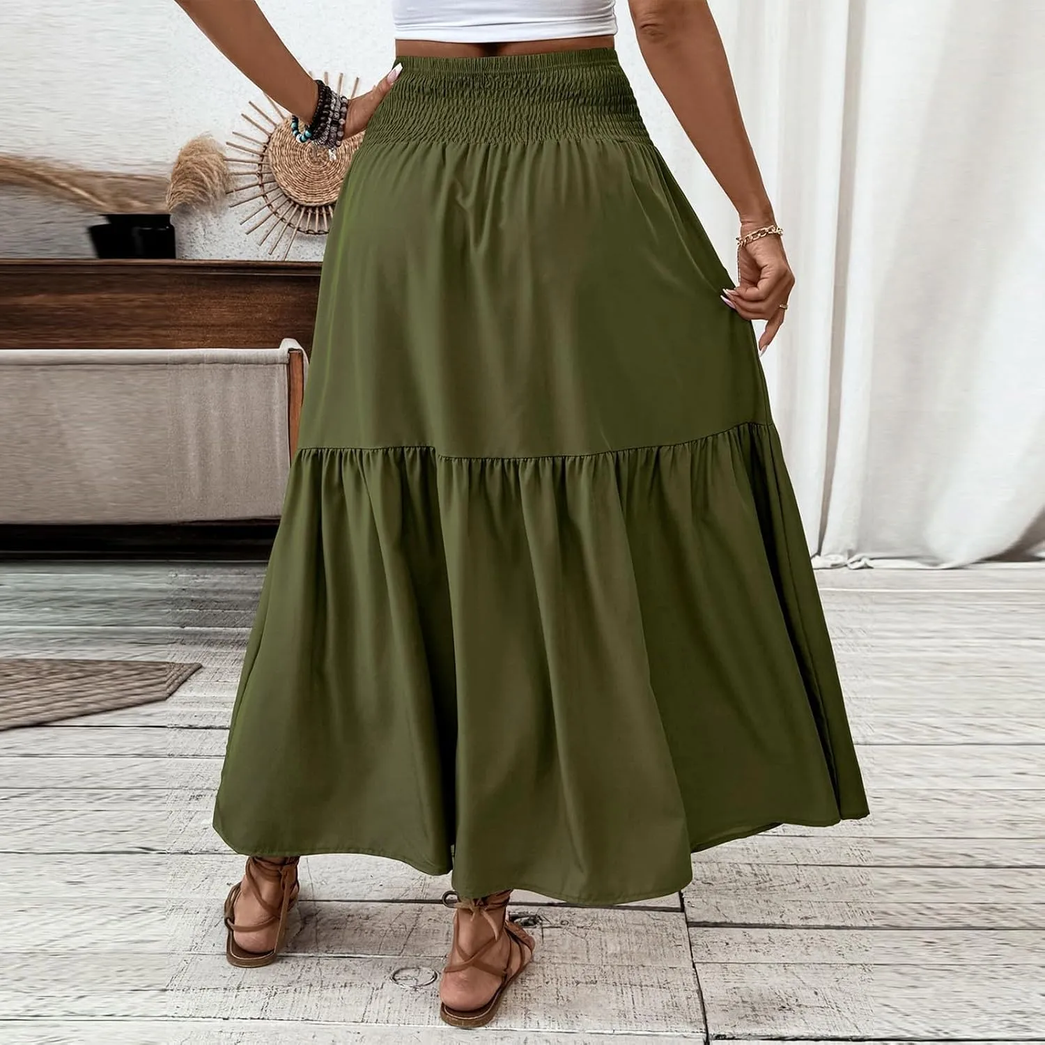 Women's Skirts Bohemian Long Skirts Flowy High Waist A Line Maxi Skirts Summer Pleated, S-XL