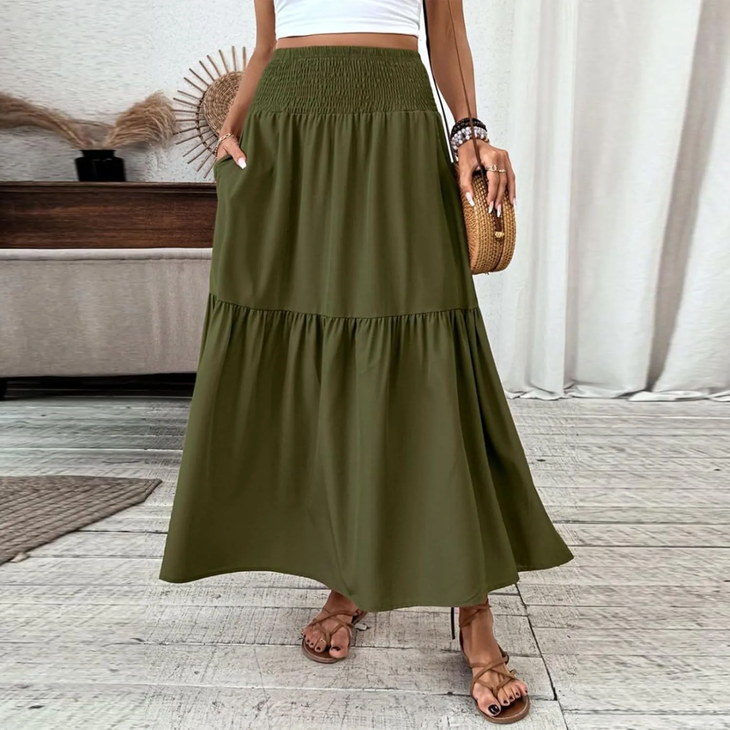 Women's Skirts Bohemian Long Skirts Flowy High Waist A Line Maxi Skirts Summer Pleated, S-XL
