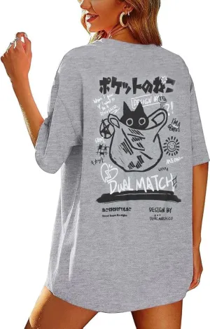 Womens Vintage Graphic Tee Shirt Cat Print Short Sleeve Loose Tunic Tops Gothic Oversized Punk Baggy Shirts