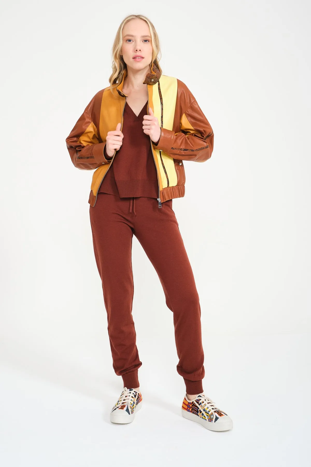 Yellow/Brown Leather Bomber Jacket