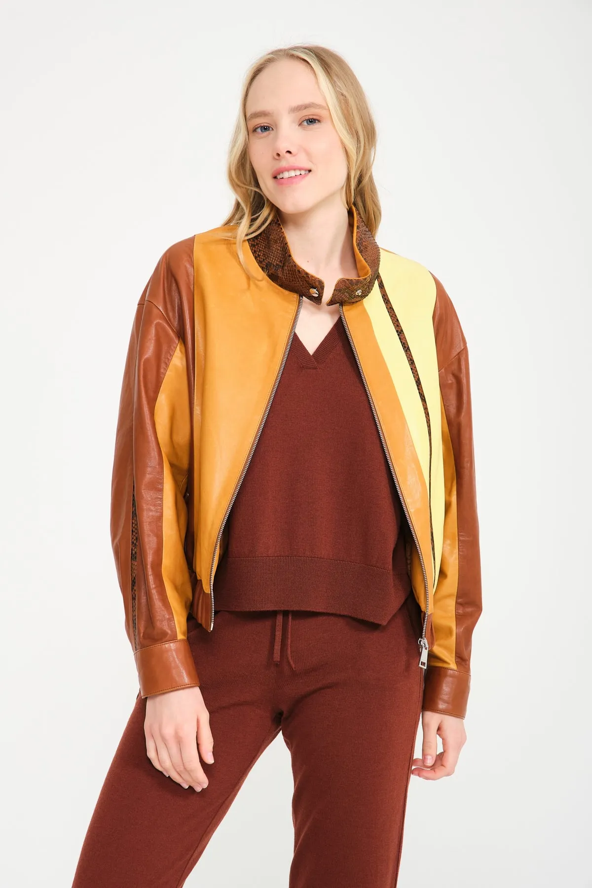 Yellow/Brown Leather Bomber Jacket