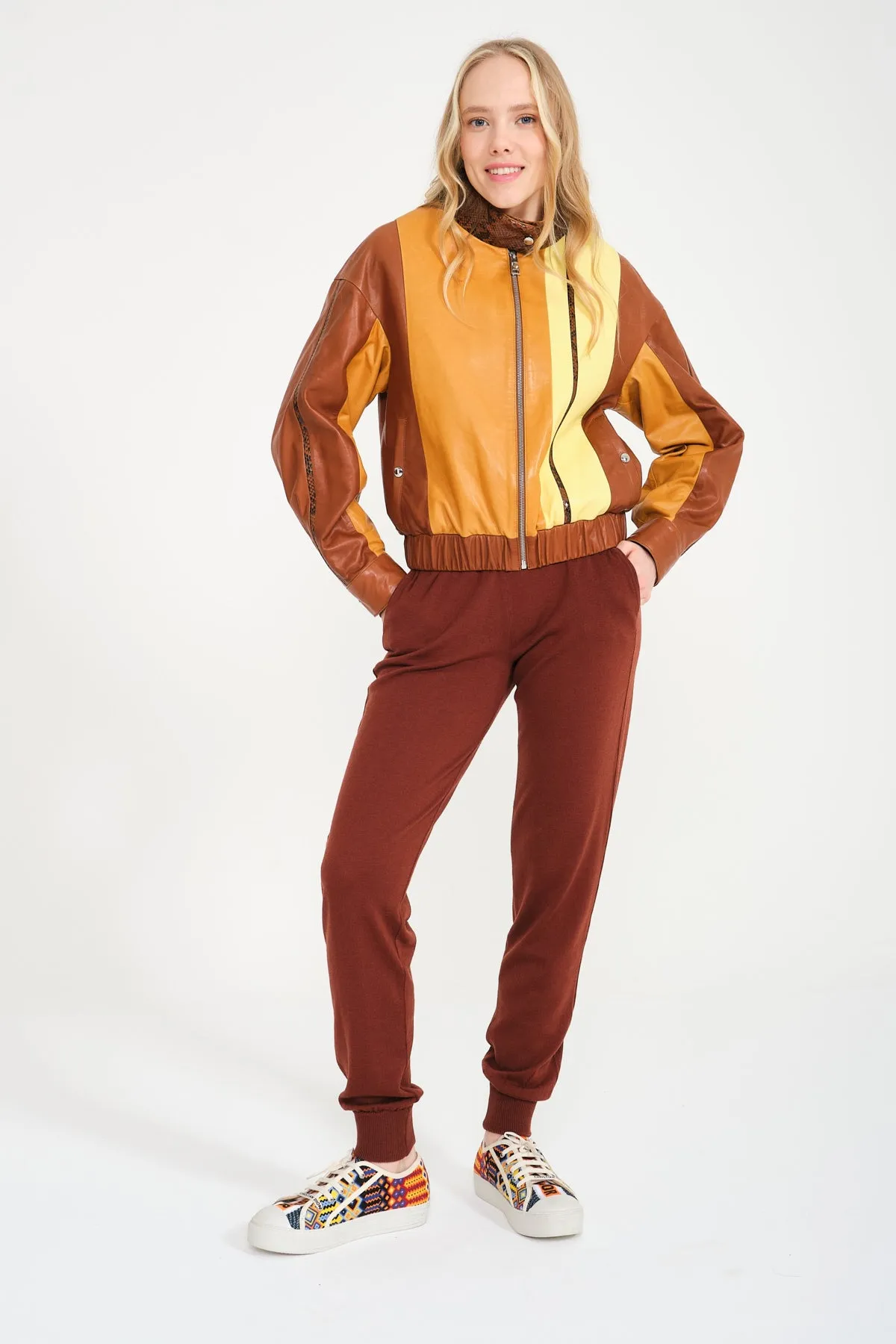 Yellow/Brown Leather Bomber Jacket