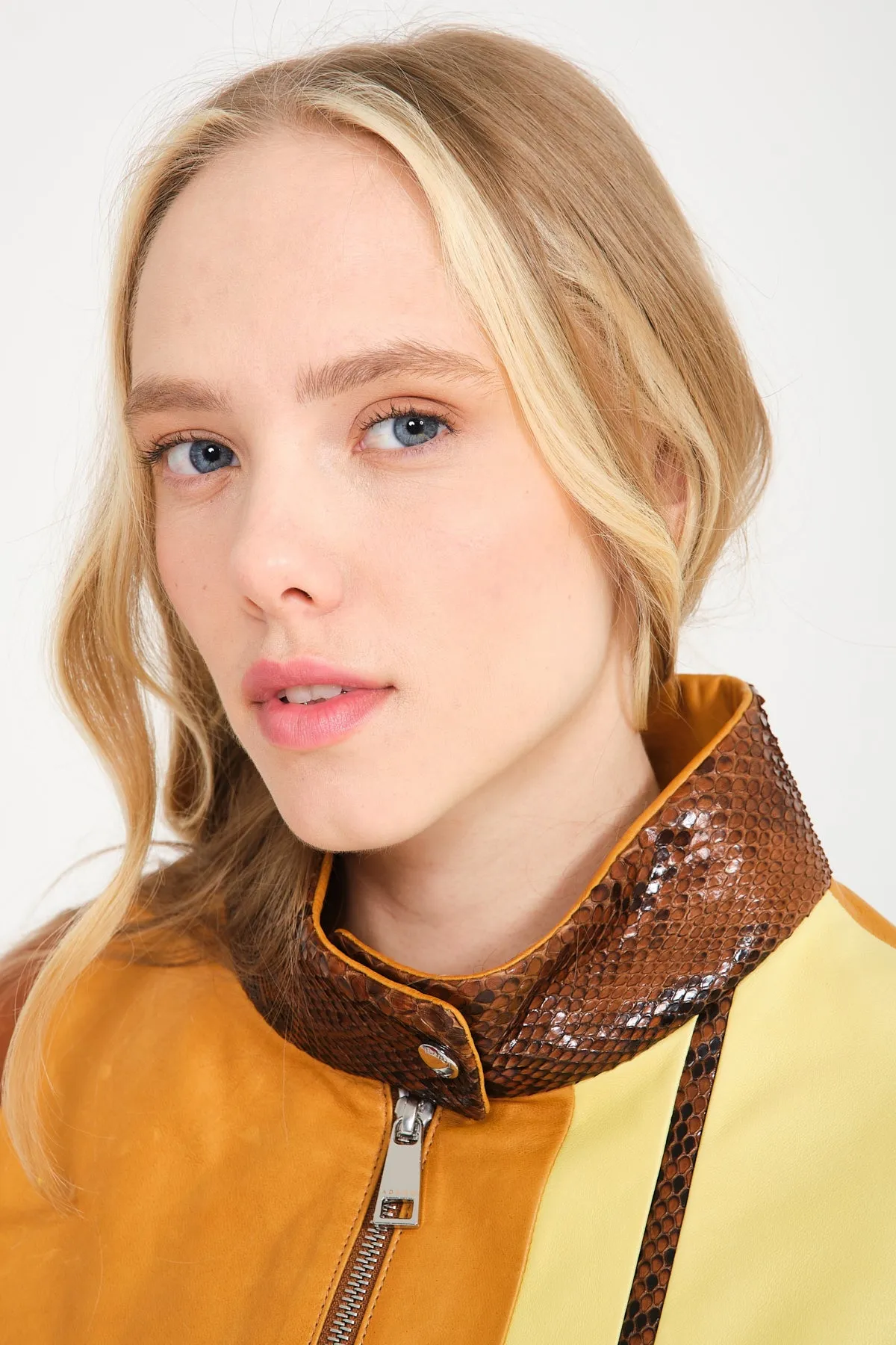 Yellow/Brown Leather Bomber Jacket