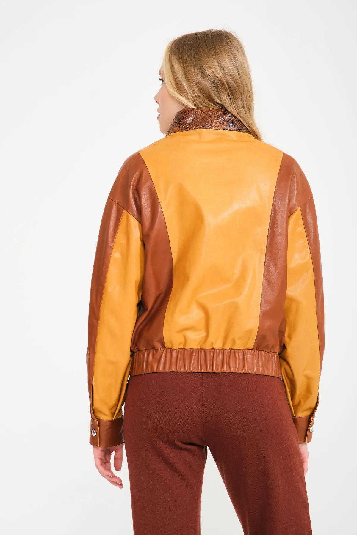 Yellow/Brown Leather Bomber Jacket